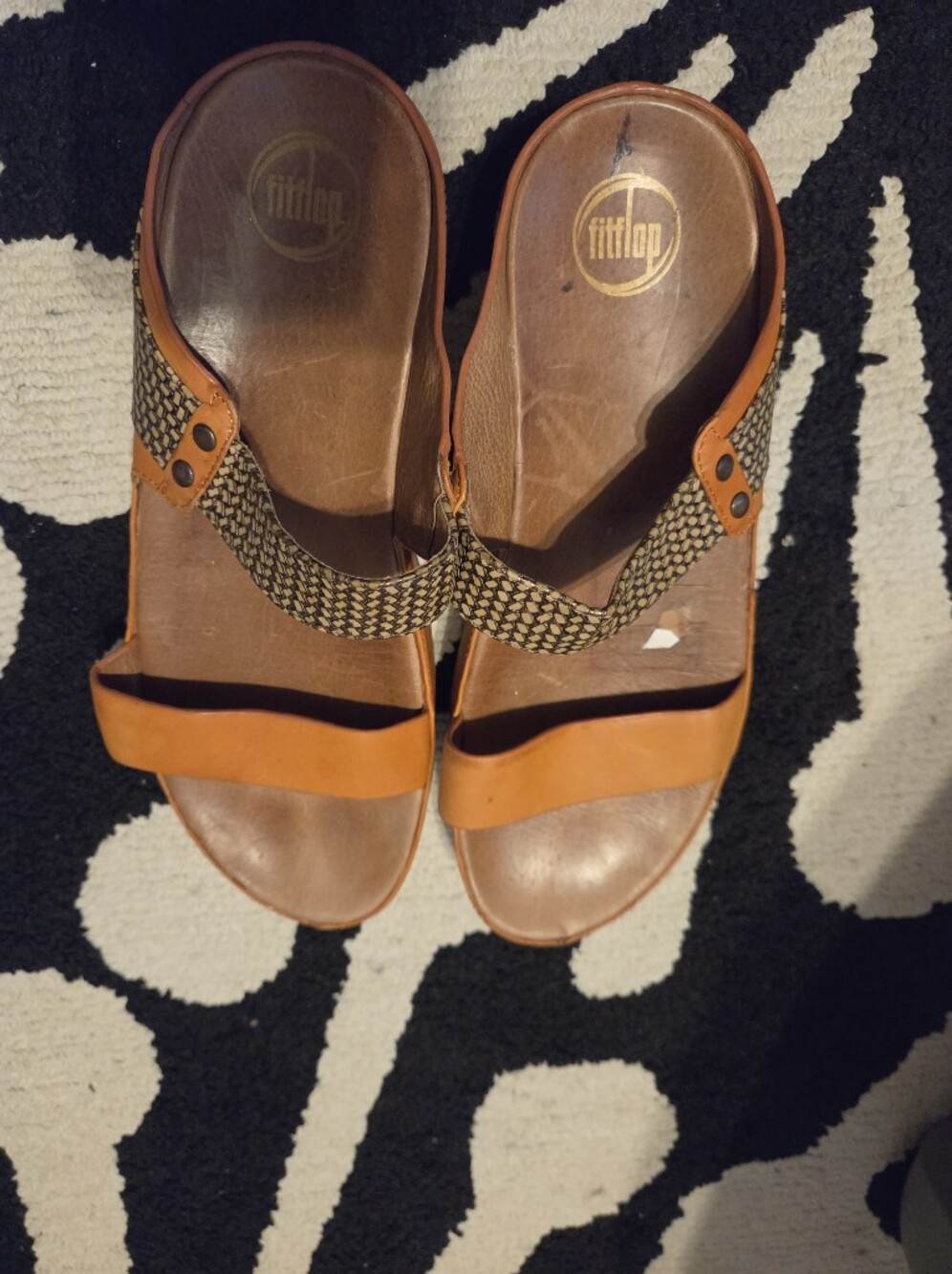 Fitflop Women's Tan Leather & Woven Strap Slide Sandals